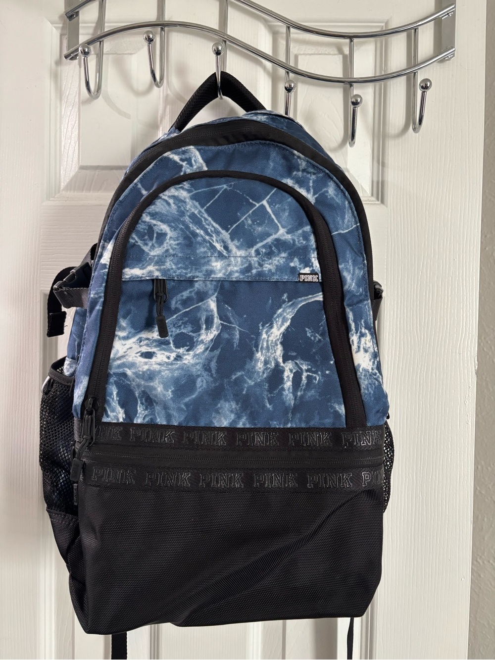 PINK Victoria's Secret Blue Marble Print Backpack with Black Base